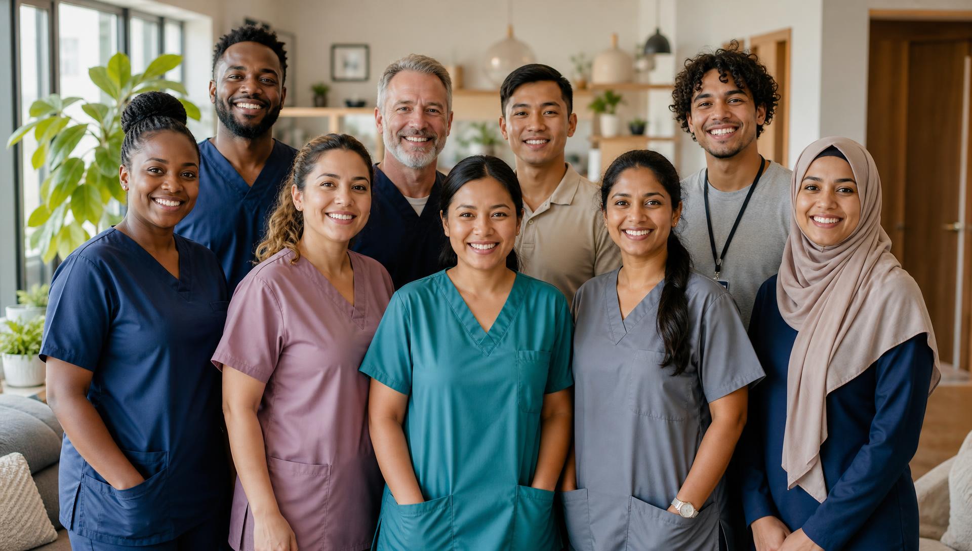 A diverse group of home care caregivers and staff
